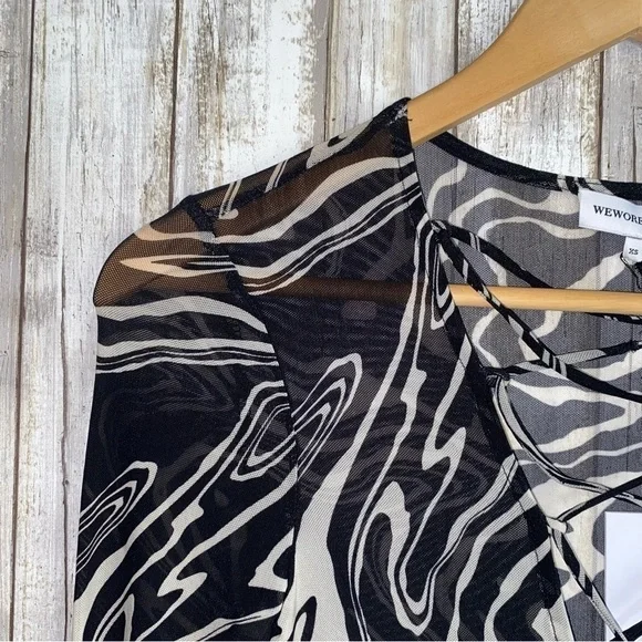 WeWoreWhat Black Marble Mesh Dress Ruched Bodycon Sheer Long Sleeve XS NWT - Picture 7 of 8
